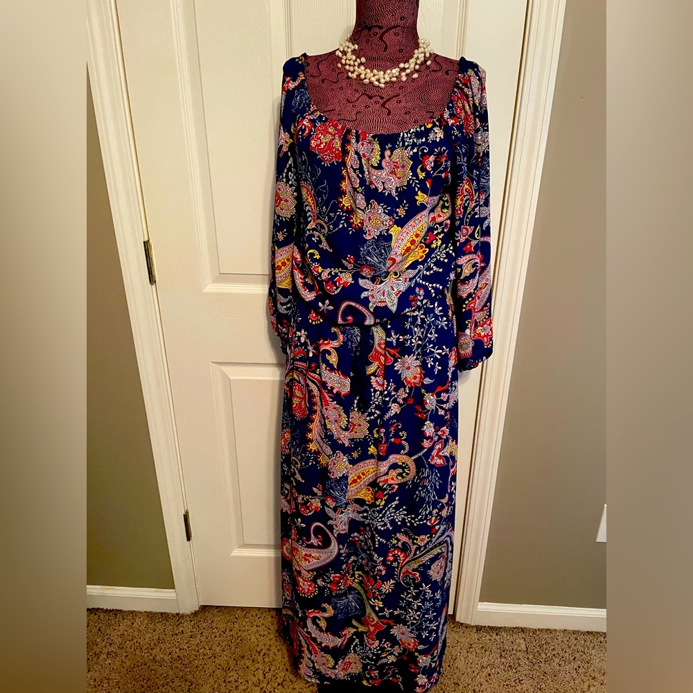 Bisou Bisou Michele Boho Blue Floral Paisley Off Shoulder Maxi Dress Size 8